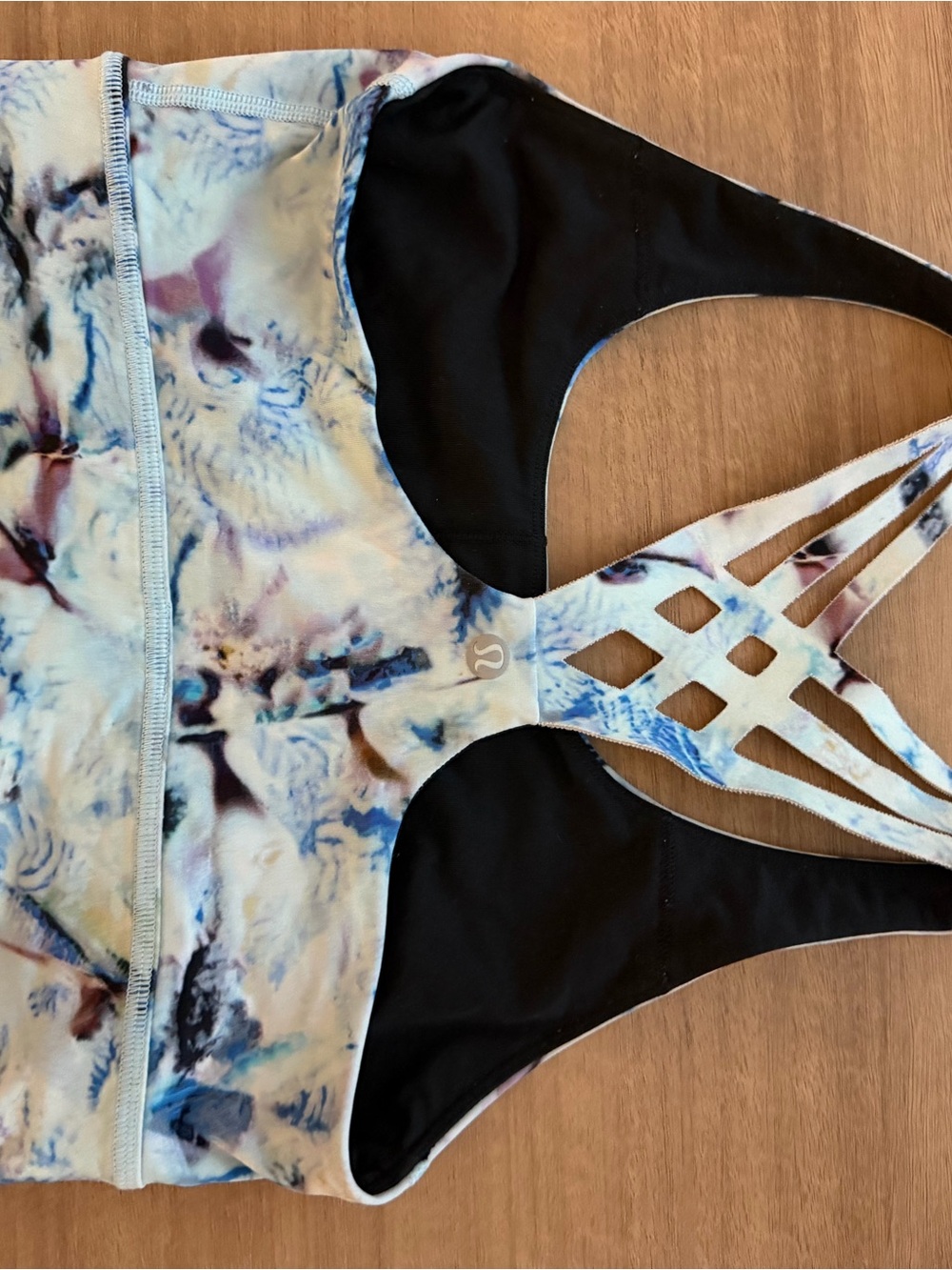 lululemon athletica Marble Print Strappy Sports Bra in Light Blue and Black